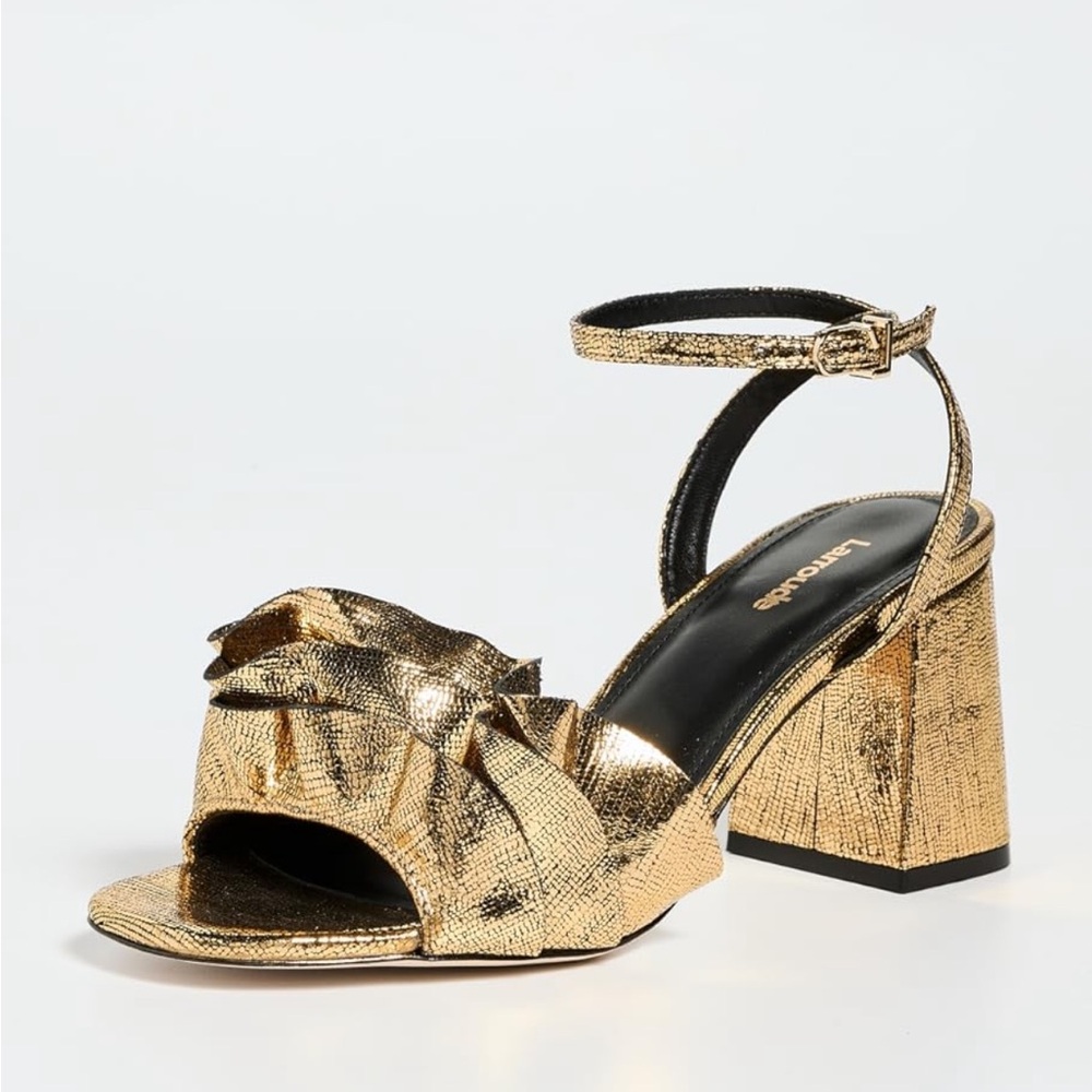 Larroude Selena Ruffle Gold Heels with Chunky Block Design